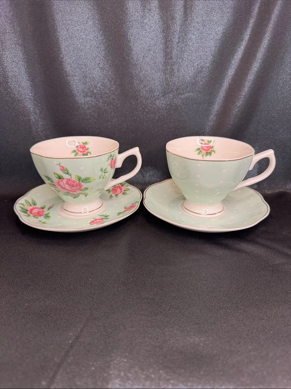 BTaT Floral Teacups and Saucers Set of (2), 8 oz. Fine Porcelain w/Gold Trim